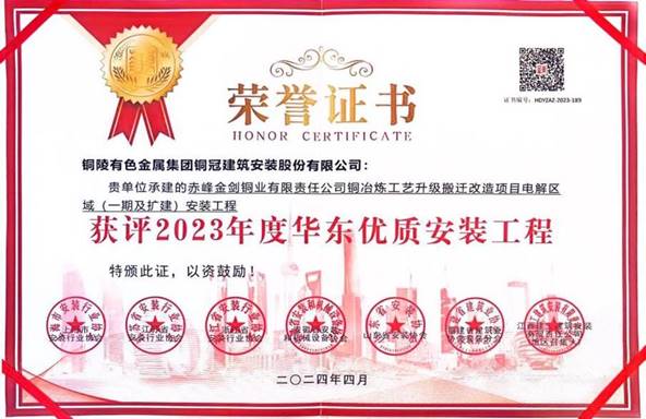 公司赤峰金剑铜业工程荣获华东优质安装工程奖